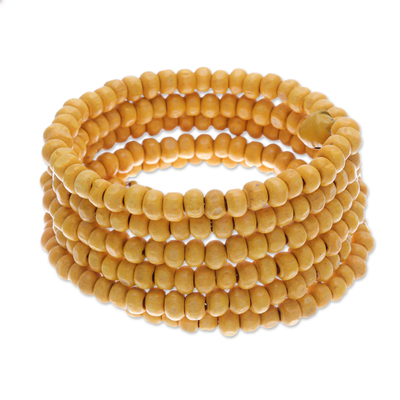Yellow Beaded Wood Wrap Bracelet with Bells (1 In)
