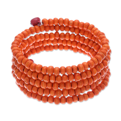 Orange Beaded Wood Wrap Bracelet with Bells (1 In)