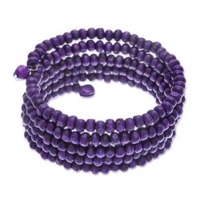 Purple Beaded Wood Wrap Bracelet with Bells (1 In)
