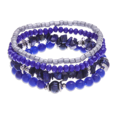 Set of 4 Blue Beaded Stretch Bracelets from Thailand