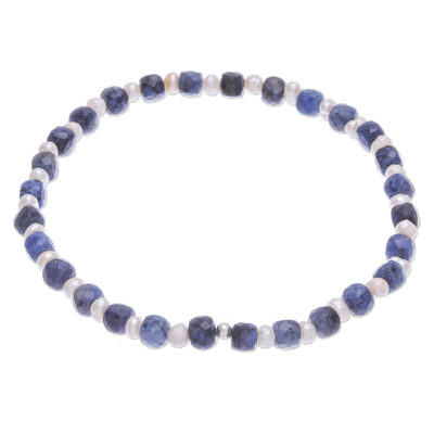 Thai Sodalite and Cultured Pearl Beaded Stretch Bracelet