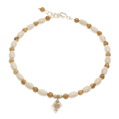 White Howlite and Jasper Beaded Anklet with Silver Charm