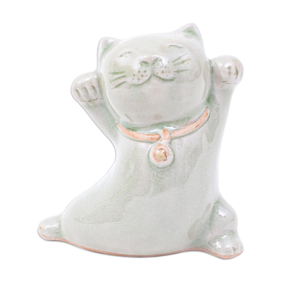 Cat Shaped Celadon Ceramic Figurine Handmade in Thailand