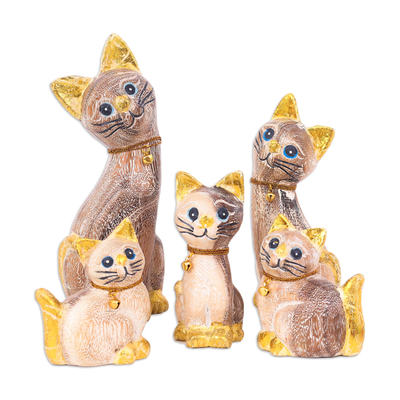 Set of 5 Hand-Carved Wood Cat Sculptures from Thailand