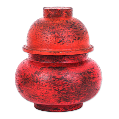 Antiqued Red Wood Decorative Jar Handmade in Thailand