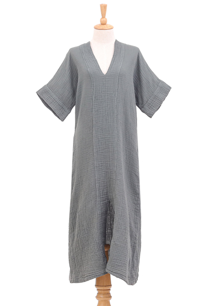 Handcrafted Double-Layered Cotton Gauze Shift Dress in Grey