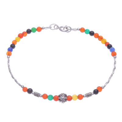 Multicolored Chalcedony and Silver Beaded Charm Bracelet