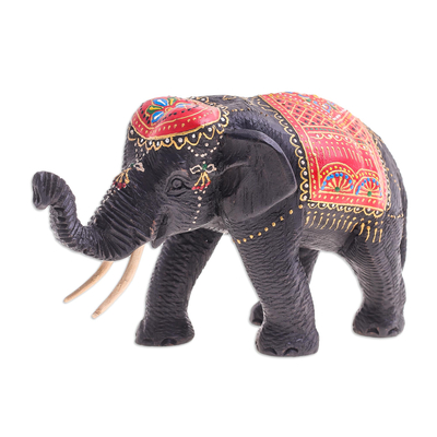 Hand-Carved Wood Sculpture of Elephant with Red Tones
