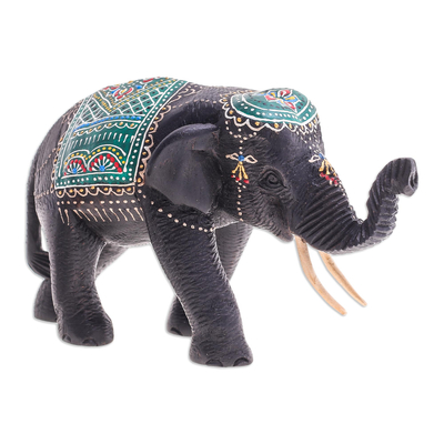 Hand-Carved Wood Sculpture of Elephant with Green Tones