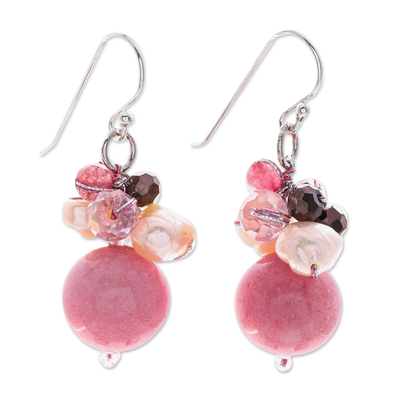 Pink Quartz and Pearl Dangle Earrings Crafted in Thailand