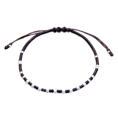 Handcrafted Brown Adjustable Bracelet with Silver Beads