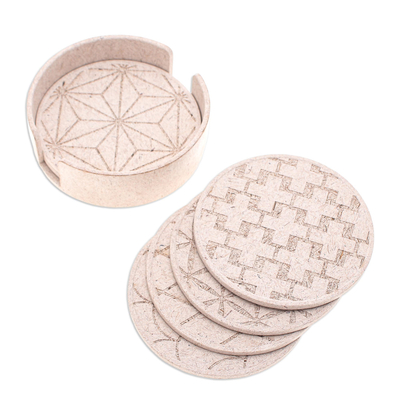 Set of 6 Ivory Bio-Composite Coasters with Geometric Details
