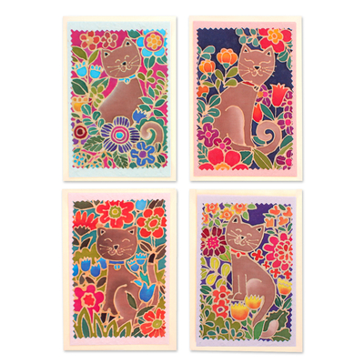 Batik Cotton and Paper Cat Greeting Cards (Set of 4)