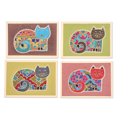 Batik Cotton and Paper Cat Greeting Cards (Set of 4)