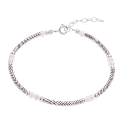Sterling Silver Chain Bracelet with White Cultured Pearls