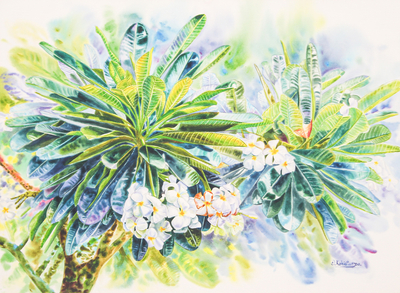 Watercolor Impressionist Painting of Frangipani Trees