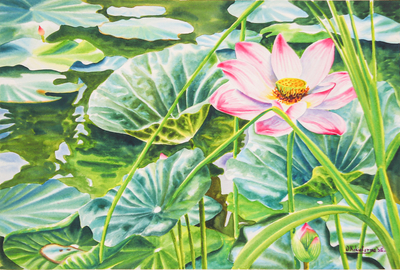 Floral Impressionist Watercolor Painting of Pink Lotus