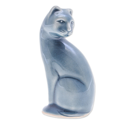 Blue Celadon Ceramic Cat Figurine Hand-Crafted in Thailand
