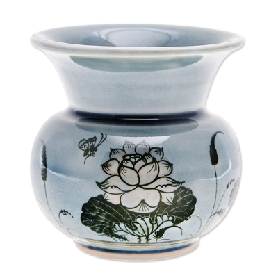 Handmade Celadon Ceramic Vase with Floral Motif in Blue