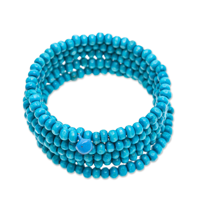 Handcrafted Blue Wood Beaded Wrap Bracelet with Bells (1 In)