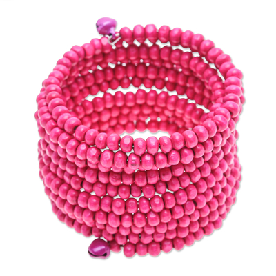 Handmade Pink Wood Beaded Wrap Bracelet with Bells (2.5 In)