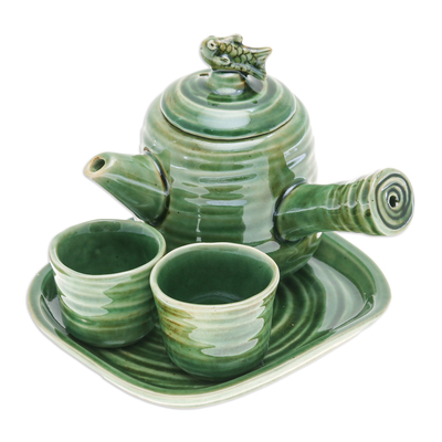Fish-Themed Green Ceramic Tea Set with Two Cups and a Tray