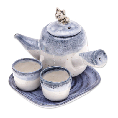 Cat-Themed Blue Ceramic Tea Set with Two Cups and a Tray