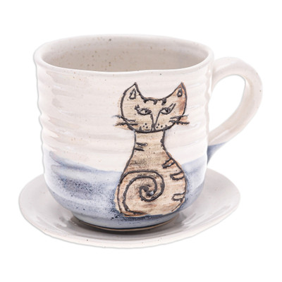 Handcrafted Ceramic Cup and Saucer Set with Cat Motif