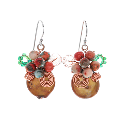 Glass Beaded Cluster Earrings with Quartz and Brown Pearls