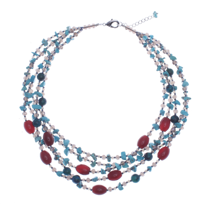 Blue and Red Multi-Gemstone Waterfall Necklace from Thailand