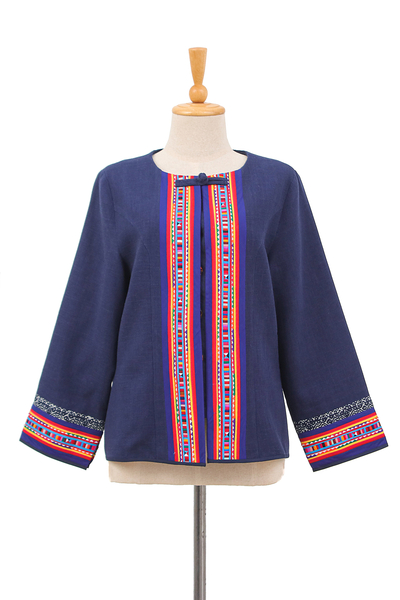 Hill Tribe-Inspired Navy Cotton and Hemp Blend Jacket