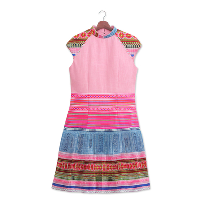 Hmong Hill Tribe-Inspired Blush Cotton Blend A-Line Dress