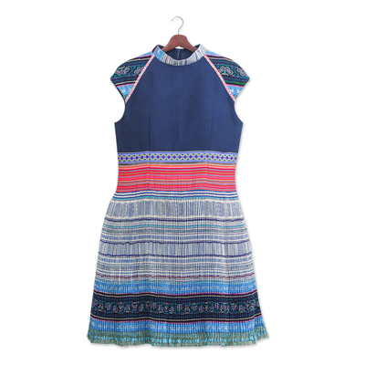 Hmong Hill Tribe-Inspired Cotton Blend Sheath Dress in Blue