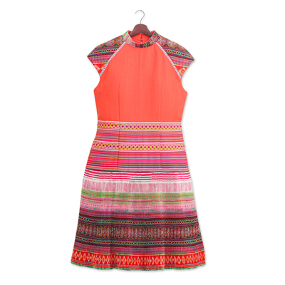 Hmong Hill Tribe-Inspired Cotton Blend Orange Sheath Dress