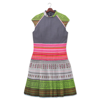Hmong Hill Tribe-Inspired Cotton Blend Sheath Dress in Grey
