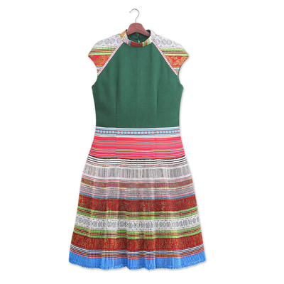 Hmong Hill Tribe-Inspired Cotton Blend Sheath Dress in Green