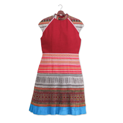 Hmong Hill Tribe-Inspired Cotton Blend Sheath Dress in Red