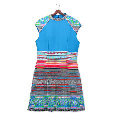 Hmong Hill Tribe-Inspired Cotton Blend Light Blue Dress