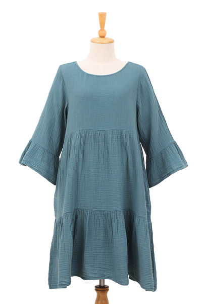 Double-Gauze Cotton Tunic Dress in a Teal Hue from Thailand
