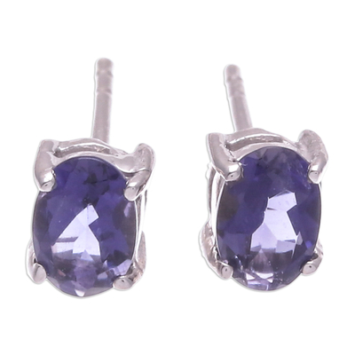 Sterling Silver Button Earrings with Natural Iolite Gems