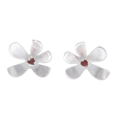 Sterling Silver Floral Stud Earrings with Garnet Stones