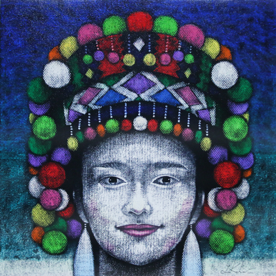 Acrylic Portrait of Woman with Traditional Hmong Headdress