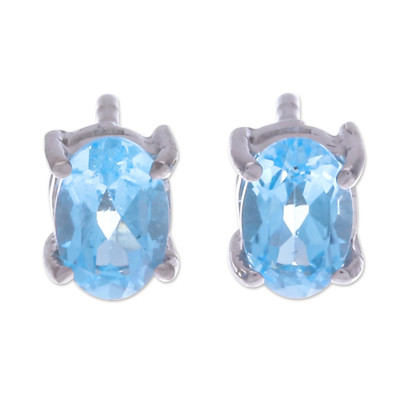 Sterling Silver Button Earrings with Oval Blue Topaz Gems
