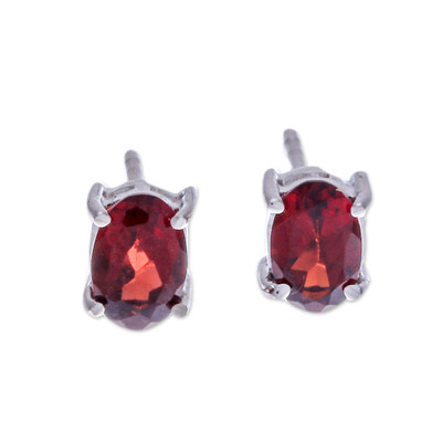 Sterling Silver Button Earrings with Natural Garnet Gems