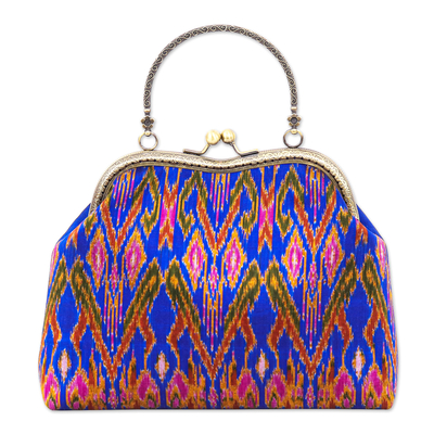 Blue Silk Evening Bag with Brass Handle & Geometric Motifs