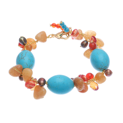 Gold-Accented Multi-Gemstone Beaded Bracelet with Pearls
