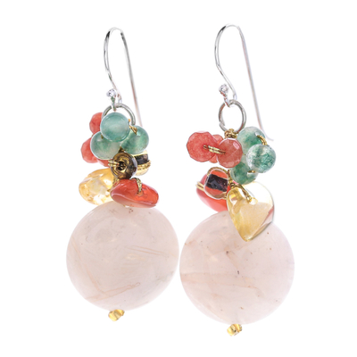 Multi-Gemstone Cluster Dangle Earrings in Pink and Golden