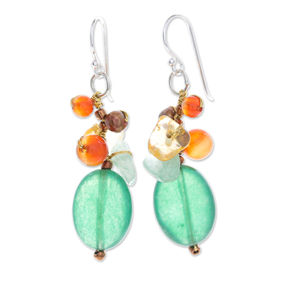 Dangle Earrings with Quartz Chalcedony and Cultured Pearl