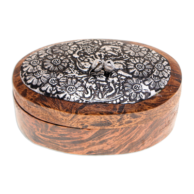 Mango Wood Jewelry Box with Floral Aluminum Accent