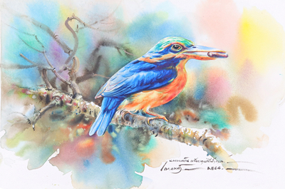 Watercolor Painting of Rufous-Collared Kingfisher Bird